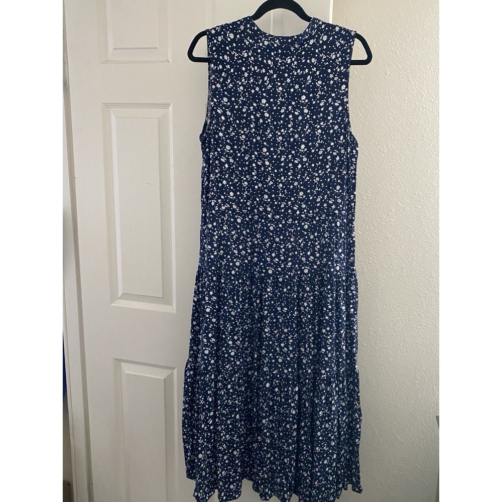 Women's Chaps Navy Blue Floral Tiered Sleeveless Dress XL Tie Elastic Waist - Picture 2 of 11